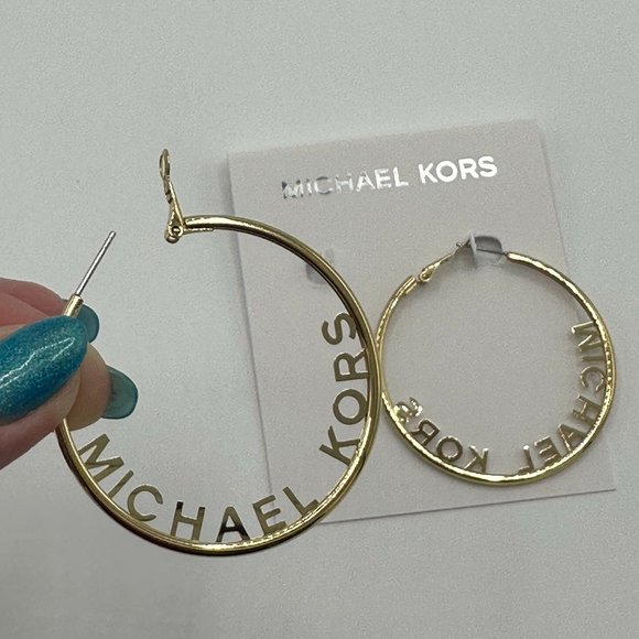 COPY - NWT MICHAEL KORS Womens Large Gold Hoop Earrings MK Logo Rim, 2" Wide - Picture 2 of 8
